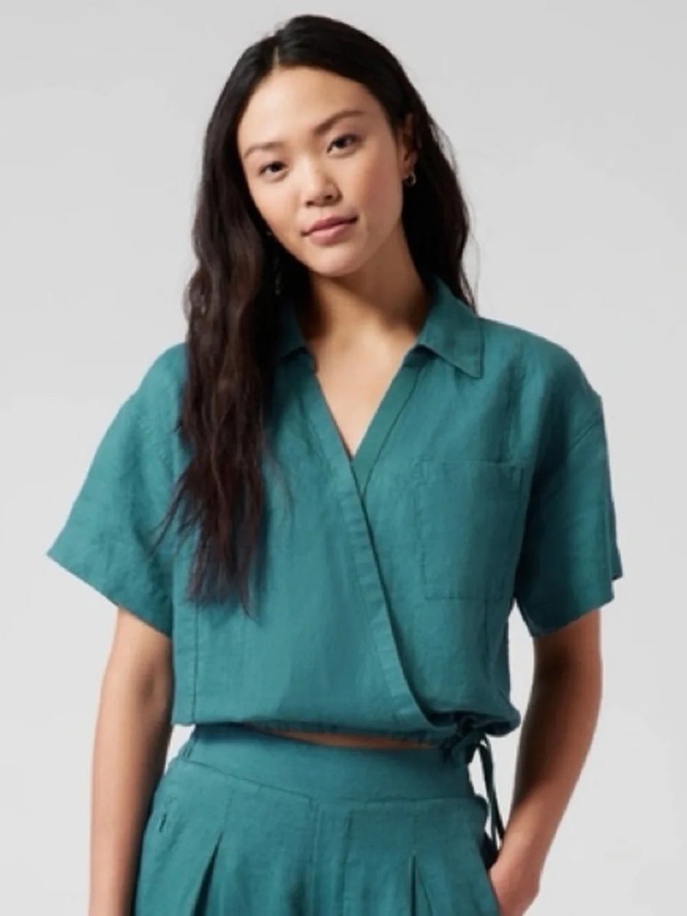 Athleta Playa Linen Tie True Wrap Short Sleeve Top In Borealis Green Size Large - Picture 1 of 14